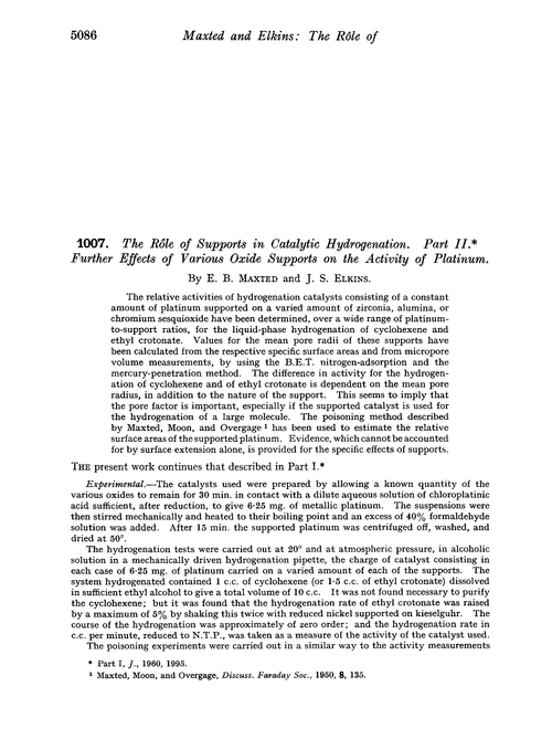 1007. The rôle of supports in catalytic hydrogenation. Part II. Further effects of various oxide supports on the activity of platinum