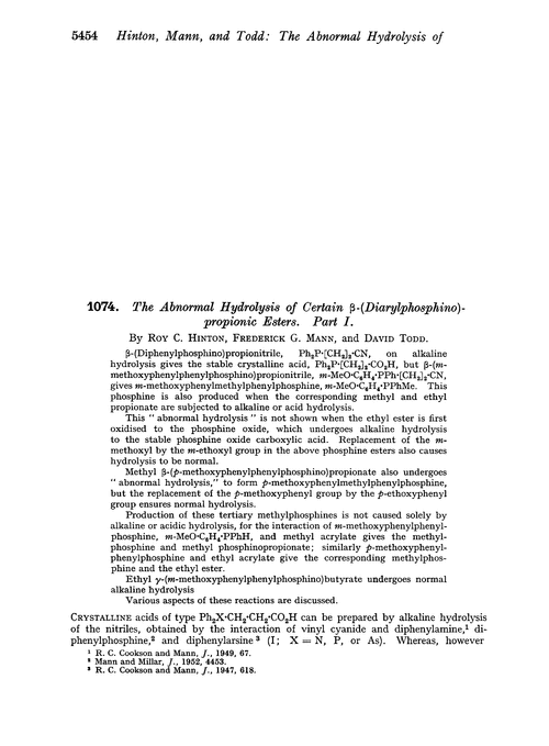 1074. The abnormal hydrolysis of certain β-(diarylphosphino)-propionic esters. Part I