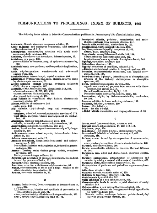 Communications to Proceedings: index of subjects, 1961