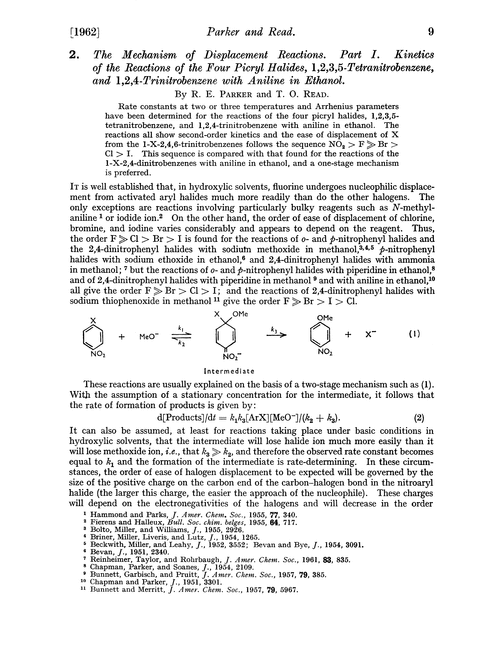 2. The mechanism of displacement reactions. Part I. Kinetics of the reactions of the four picryl halides, 1,2,3,5-tetranitrobenzene, and 1,2,4-trinitrobenzene with aniline in ethanol