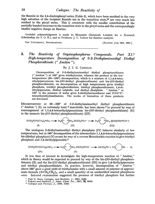 3. The reactivity of organophosphorus compounds. Part XI. High-temperature decomposition of S-2-diethylaminoethyl diethyl phosphorothioate (“Amiton”)