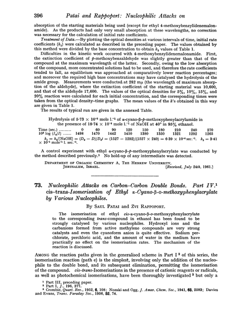 73. Nucleophilic attacks on carbon–carbon double bonds. Part IV. cis–trans-Isomerisation of ethyl α-cyano-β-o-methoxyphenylacrylate by various nucleophiles