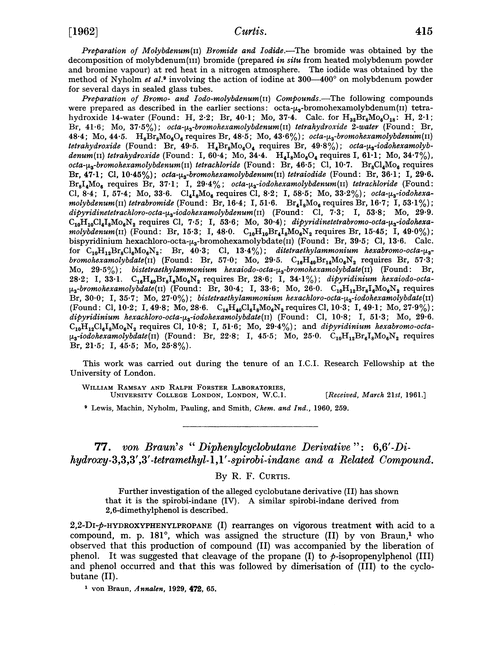 77. von Braun's “diphenylcyclobutane derivative”: 6,6′-di-hydroxy-3,3,3′,3′-tertramethyl-1,1′-spirobi-indane and a related compound