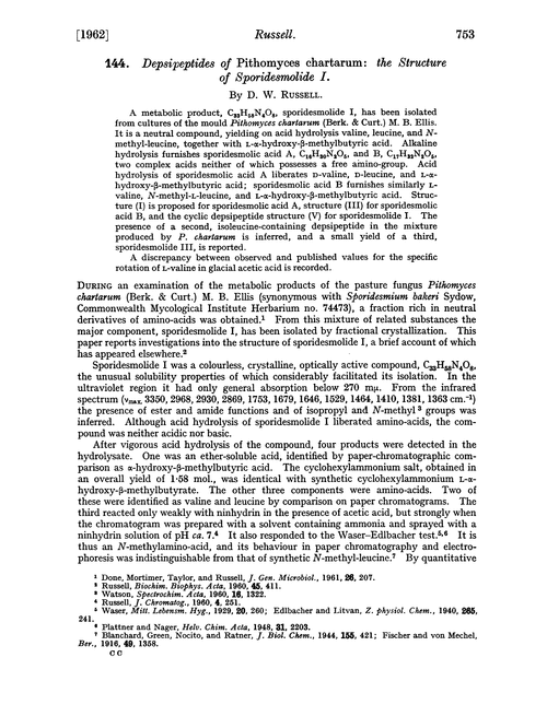 144. Depsipeptides of Pithomyces chartarum: the structure of sporidesmolide I