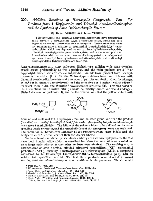 220. Addition reactions of heterocyclic compounds. Part X. Products from 1-alkylpyrroles and dimethyl acetylenedicarboxylate, and the synthesis of some indolecarboxylic esters