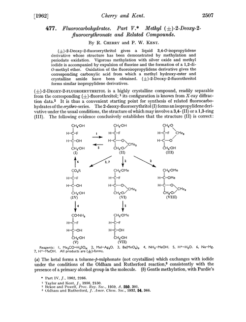 477. Fluorocarbohydrates. Part V. Methyl (±)-2-deoxy-2-fluoroerythronate and related compounds