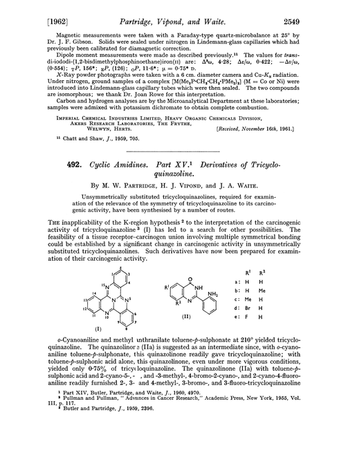 492. Cyclic amidines. Part XV. Derivatives of tricycloquinazoline