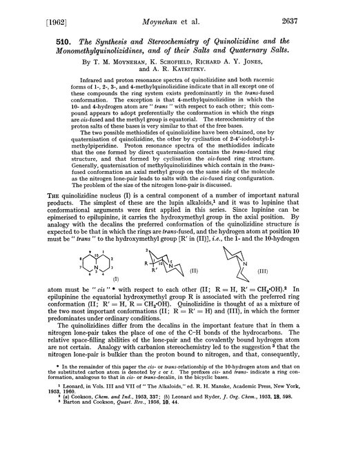 510. The synthesis and stereochemistry of quinolizidine and the monomethylquinolizidines, and of their salts and quaternary salts