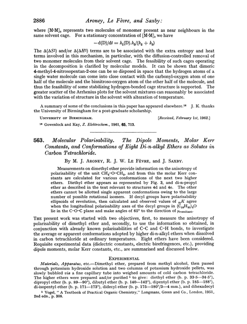563. Molecular polarisability. The dipole moments, molar Kerr constants, and conformations of eight di-n-alkyl ethers as solutes in carbon tetrachloride