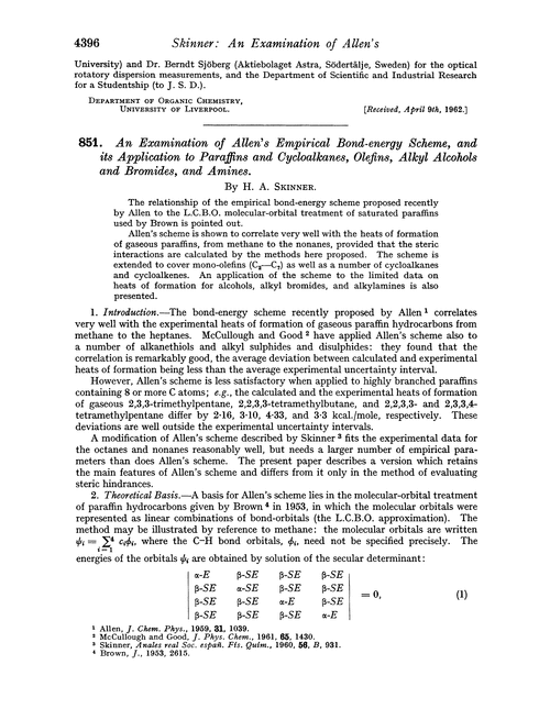 851. An examination of Allen's empirical bond-energy scheme, and its application to paraffins and cycloalkanes, olefins, alkyl alcohols and bromides, and amines