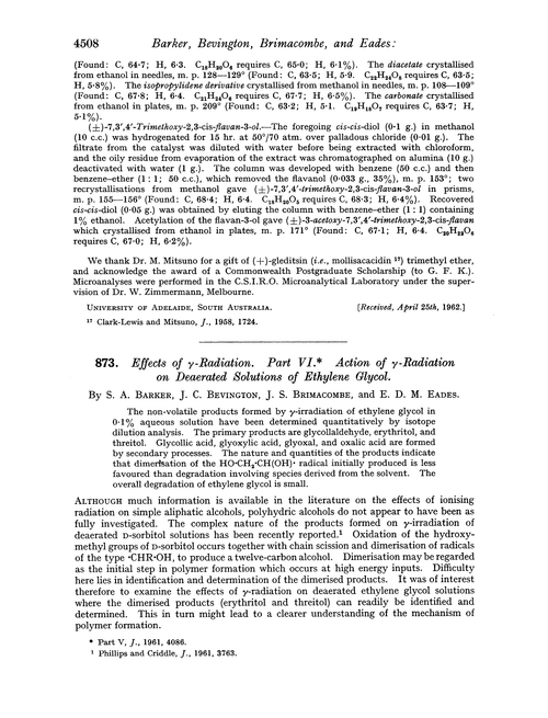 873. Effect of γ-radiation. Part VI. Action of γ-radiation on deaerated solutions of ethylene qlycol
