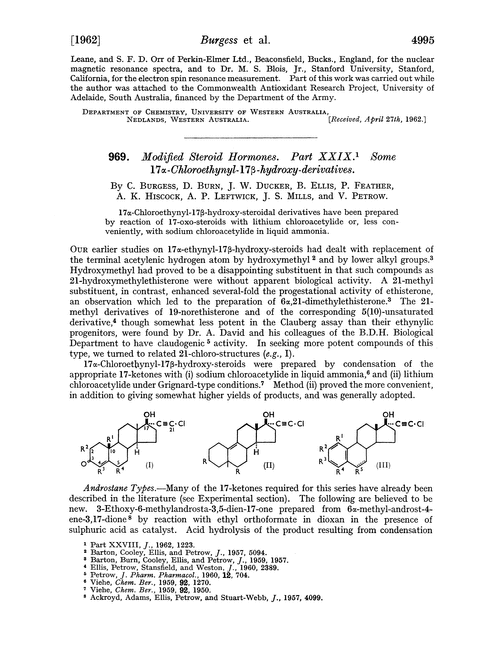 969. Modified steroid hormones. Part XXIX. Some 17α-chloroethynyl-17β-hydroxy-derivatives