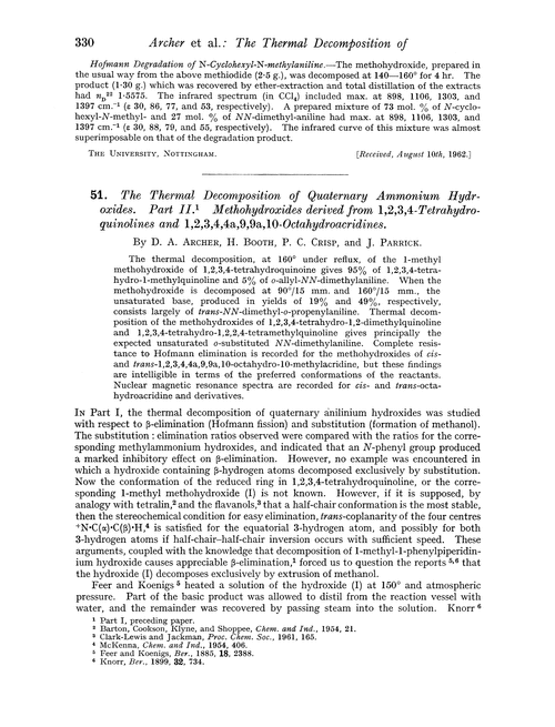 51. The thermal decomposition of quaternary ammonium hydroxides. Part II. Methohydroxides derived from 1,2,3,4-tetrahydroquinolines and 1,2,3,4,4a,9,9a,10-octahydroacridines