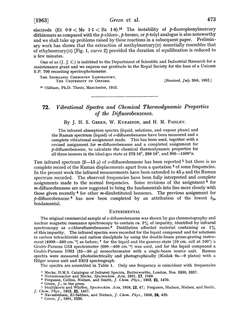 72. Vibrational spectra and chemical thermodynamic properties of the difluorobenzenes