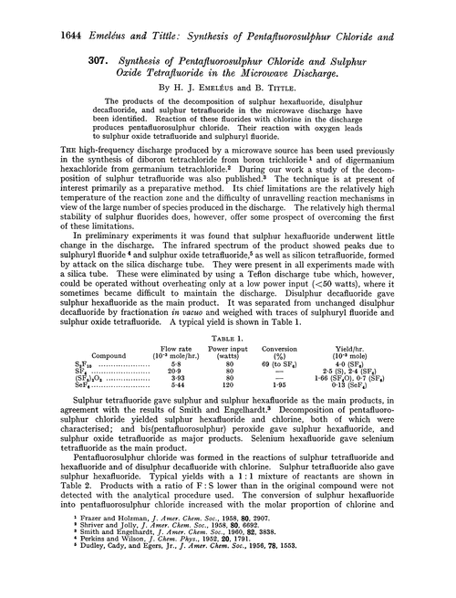 307. Synthesis of pentafluorosulphur chloride and sulphur oxide tetrafluoride in the microwave discharge