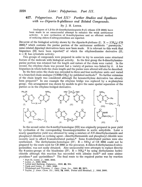 417. Polypurines. Part III. Further studies and syntheses with αω-dipurin-9-ylalkanes and related compounds