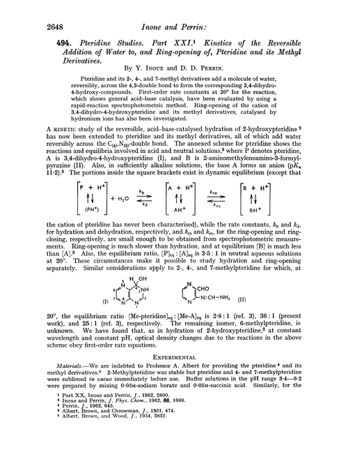 494. Pteridine studies. Part XXI. Kinetics of the reversible addition of water to, and ring-opening of, pteridine and its methyl derivatives
