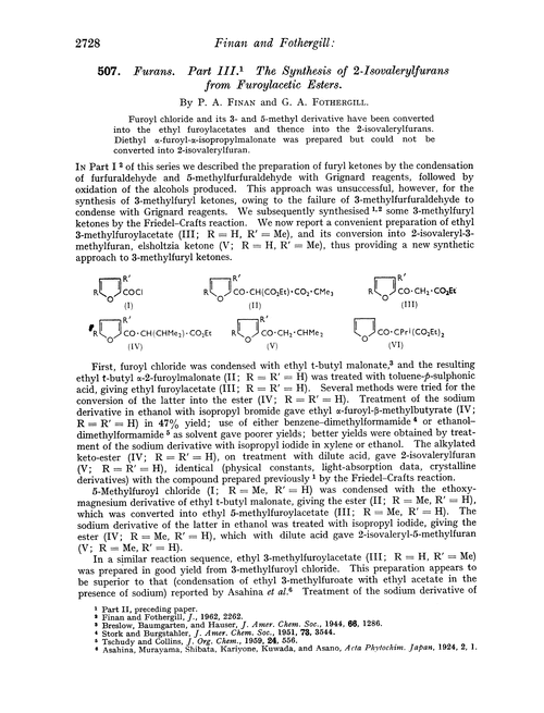 507. Furans. Part III. The synthesis of 2-isovalerylfurans from furoylacetic esters