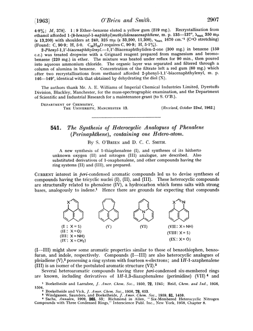 541. The synthesis of heterocyclic analogues of phenalene (perinaphthene), containing one hetero-atom