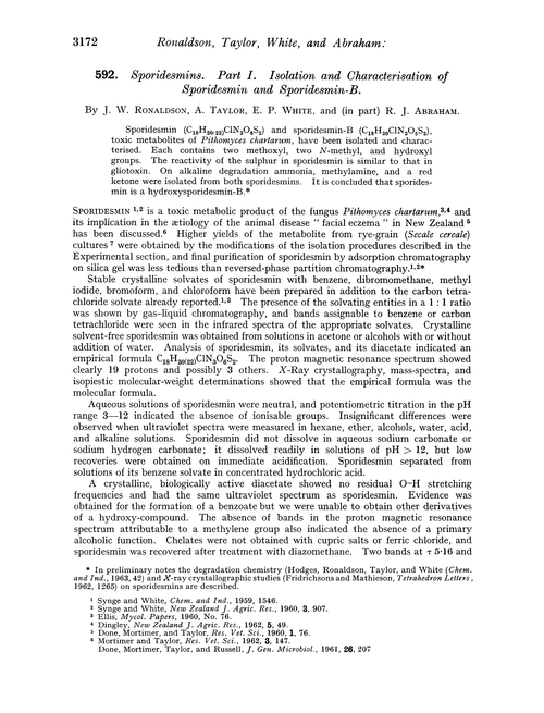592. Sporidesmins. Part I. Isolation and characterisation of sporidesmin and sporidesmin-B