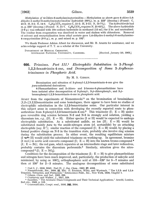 666. Triazines. Part III. Electrophilic substitution in 3-phenyl-1,2,3-benzotriazin-4-one, and decomposition of some 3-arylbenzotriazinones in phosphoric acid