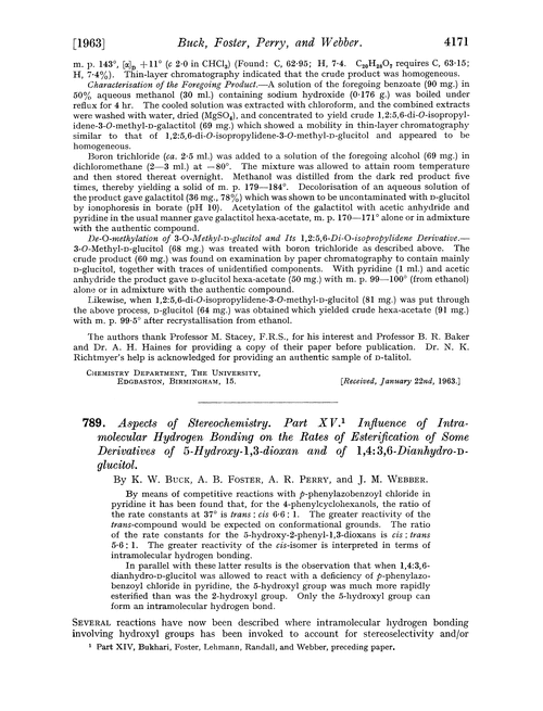 789. Aspects of stereochemistry. Part XV. Influence of intramolecular hydrogen bonding on the rates of esterification of some derivatives of 5-hydroxy-1,3-dioxan and of 1,4:3,6-dianhydro-D-glucitol
