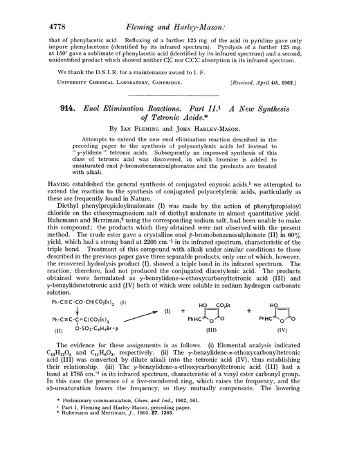 914. Enol elimination reactions. Part II. A new synthesis of tetronic acids