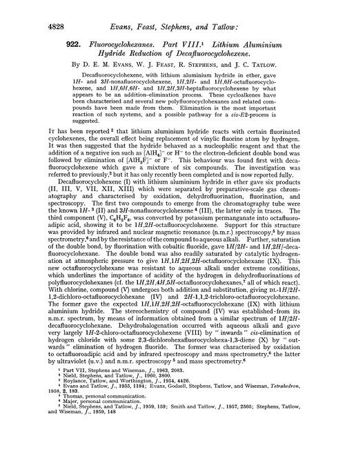 922. Fluorocyclohexanes. Part VIII. Lithium aluminium hydride reduction of decafluorocyclohexene