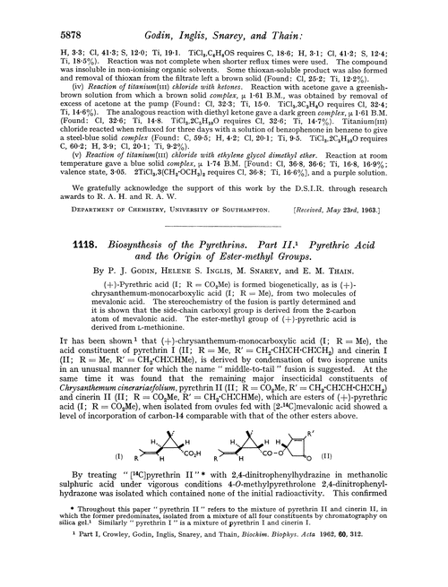 1118. Biosynthesis of the pyrethrins. Part II. Pyrethric acid and the origin of ester-methyl groups