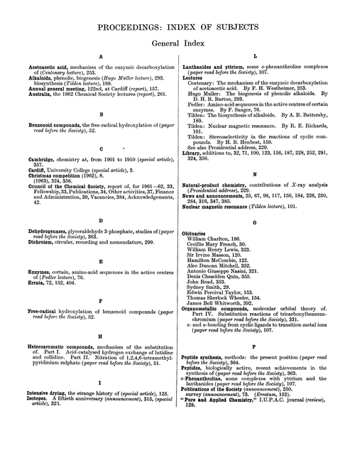 Proceedings: index of subjects