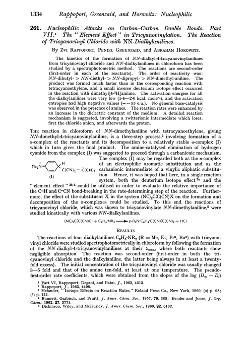 261. Nucleophilic attacks on carbon–carbon double bonds. Part VII. The “element effect” in tricyanovinylation. The reaction of tricyanovinyl chloride with NN-dialkylanilines