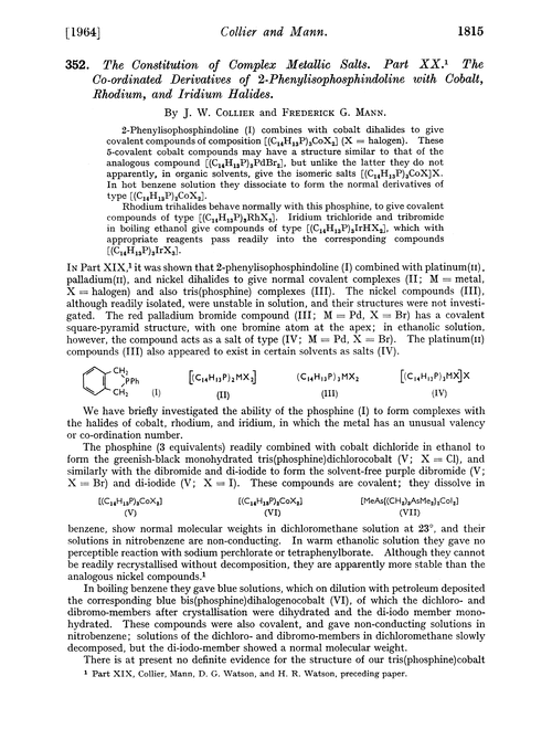 352. The constitution of complex metallic salts. Part XX. The co-ordinated derivatives of 2-phenylisophosphindoline with cobalt, rhodium, and iridium halides