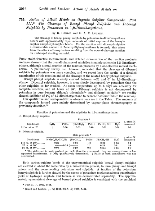 744. Action of alkali metals on organic sulphur compounds. Part III. The cleavage of benzyl phenyl sulphide and dibenzyl sulphide by potassium in 1,2-dimethoxyethane
