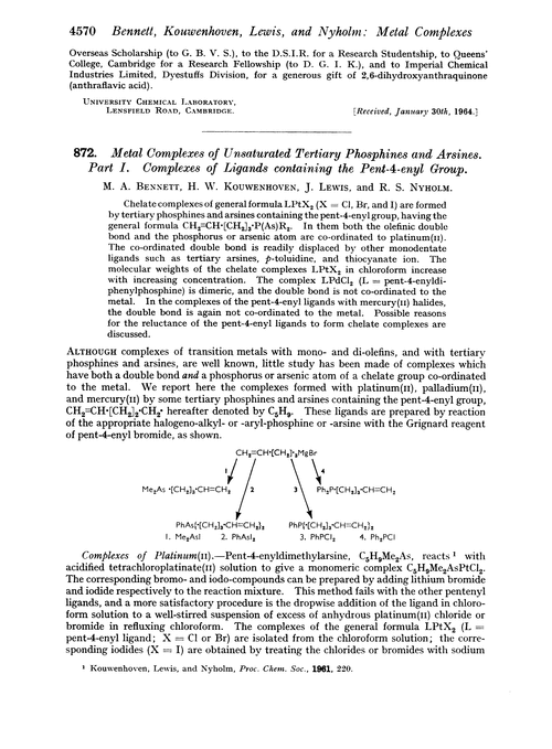 872. Metal complexes of unsaturated tertiary phosphines and arsines. Part I. Complexes of ligands containing the pent-4-enyl group