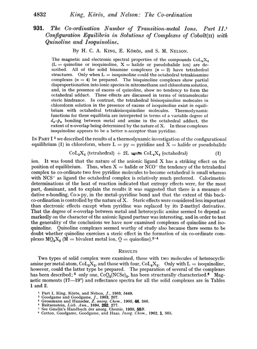 931. The co-ordination number of transition-metal ions. Part II. Configuration equilibria in solutions of complexes of cobalt(II) with quinoline and isoquinoline