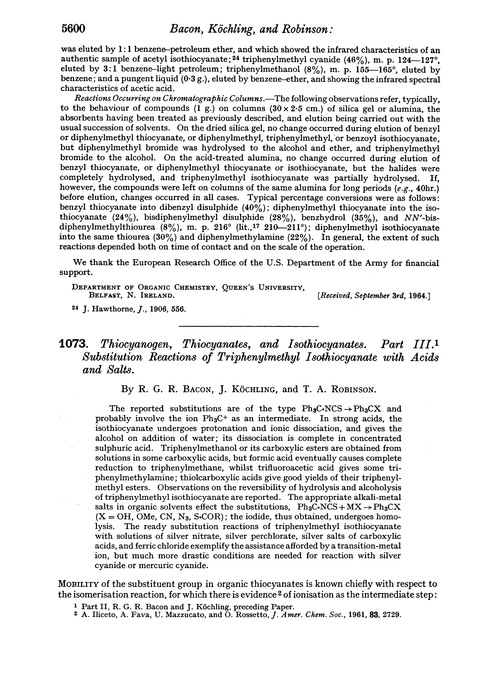 1073. Thiocyanogen, thiocyanates, and isothiocyanates. Part III. Substitution reactions of triphenylmethyl isothiocyanate with acids and salts