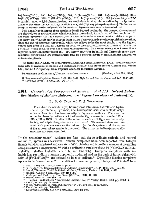 1161. Co-ordination compounds of indium. Part II. Solvent extraction studies of anionic halogeno- and cyano-complexes of indium(III)