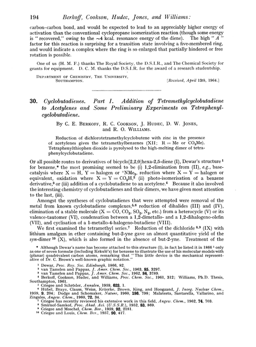 30. Cyclobutadienes. Part I. Addition of tetramethylcyclobutadiene to acetylenes and some preliminary experiments on tetraphenyl-cyclobutadiene