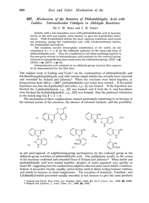 107. Mechanism of the reaction of phthalaldehydic acid with indoles. Intramolecular catalysis in aldehyde reactions