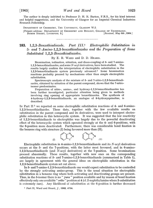 183. 1,2,3-Benzothiadiazole. Part III. Electrophilic substitution in 5- and 7-amino-1,2,3-benzothiadiazoles and the preparation of some substituted 1,2,3-benzothiadiazoles