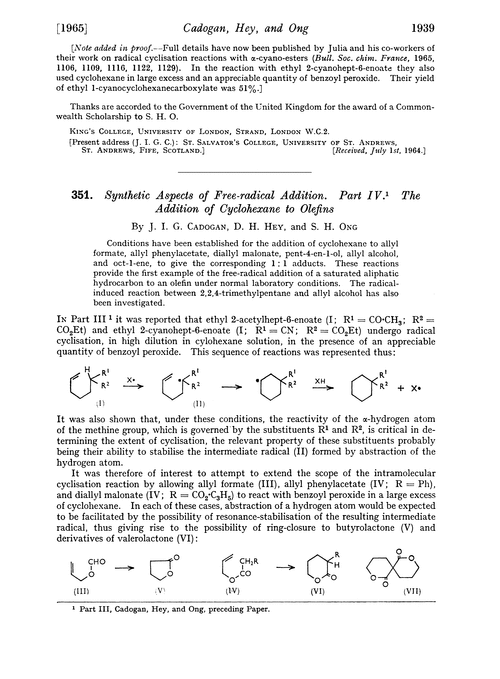 351. Synthetic aspects of free-radical addition. Part IV. The addition of cyclohexane to olefins