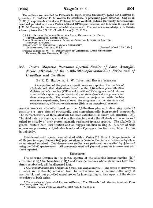 358. Proton magnetic resonance studies of some amaryllidaceae alkaloids of the 5,10b-ethanophenanthridine series and of criwelline and tazettine