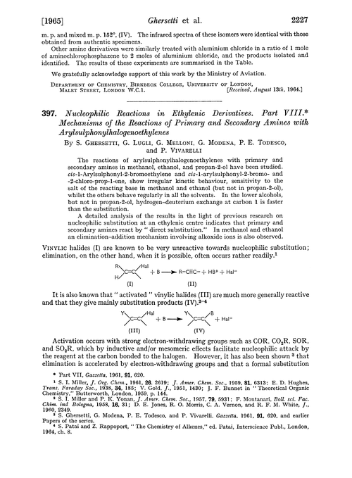 397. Nucleophilic reactions in ethylenic derivatives. Part VIII. Mechanisms of the reactions of primary and secondary amines with arylsulphonylhalogenoethylenes