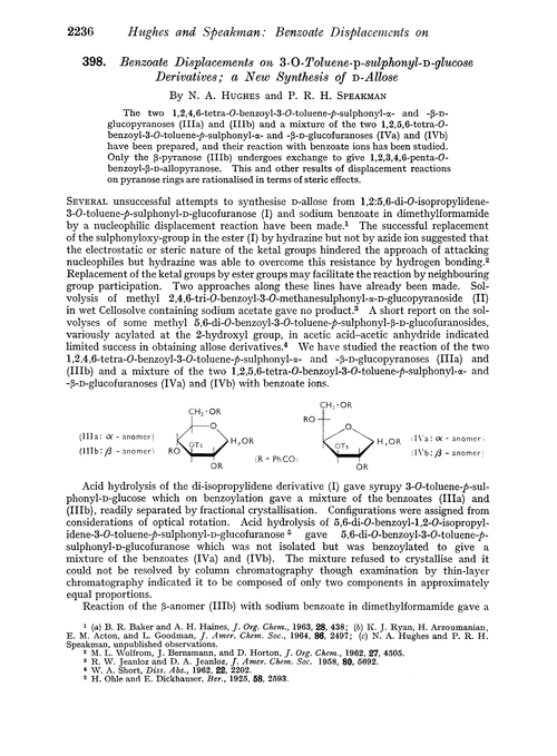 398. Benzoate displacements on 3-O-toluene-p-sulphonyl-D-glucose derivatives; a new synthesis of D-allose