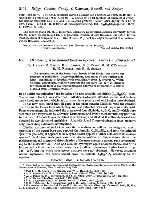 456. Alkaloids of New Zealand Senecio species. Part II. Senkirkine