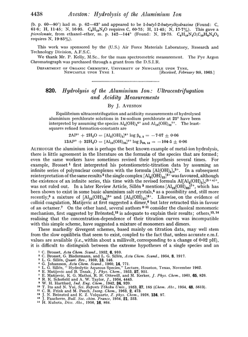 820. Hydrolysis of the aluminium ion: ultracentrifugation and acidity measurements