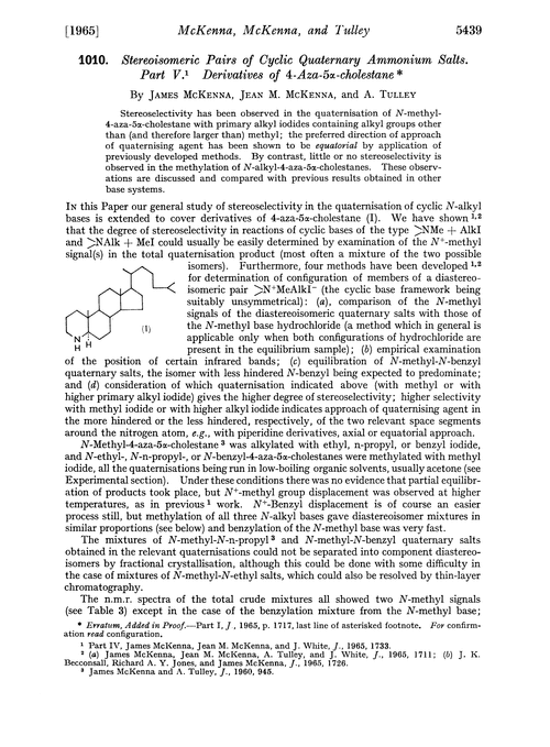 1010. Stereoisomeric pairs of cyclic quaternary ammonium salts. Part V. Derivatives of 4-aza-5α-cholestane