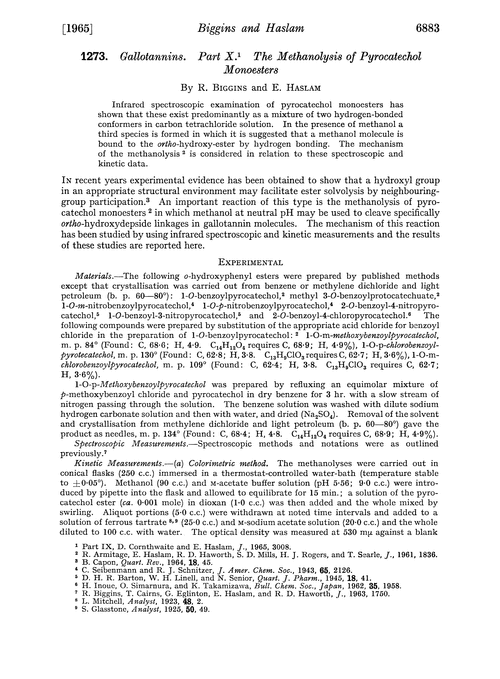 1273. Gallotannins. Part X. The methanolysis of pyrocatechol monoesters