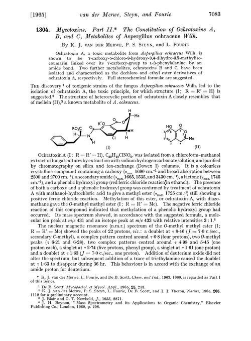 1304. Mycotoxins. Part II. The constitution of ochratoxins A, B, and C, metabolites of Aspergillus ochraceus wilh