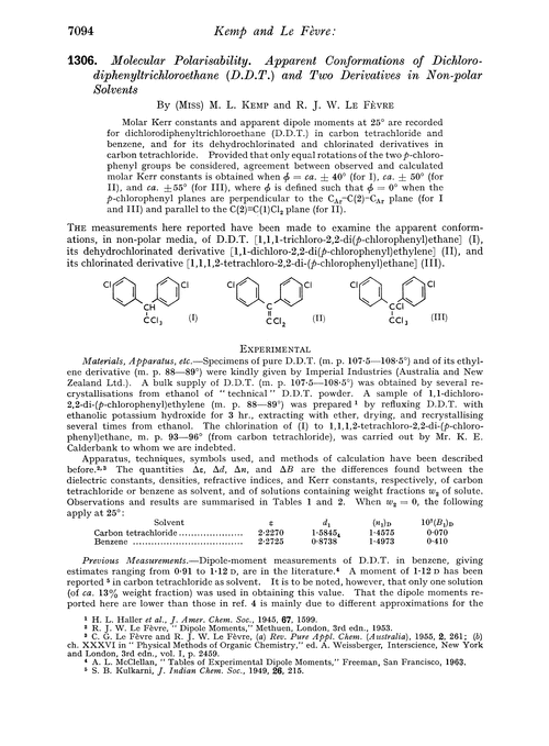 1306. Molecular polarisability. Apparent conformations of dichlorodiphenyltrichloroethane (D.D.T.) and two derivatives in non-polar solvents